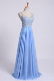 2024 Low Back Straps A Line Chiffon Prom Dress With Lace PTQX6ST6