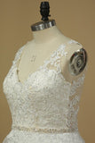 2024 Wedding Dresses A Line V Neck Open Back Organza With Applique P45Y3G6Z