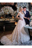 Elegant A-Line V-Neck Sweep Train Ivory Wedding Dress P834QN6D