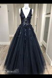 Black Deep V Neck Appliqued Prom Dresses See Through Floor Length PSDLH25Q