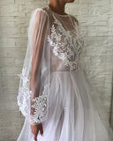 Jewel See Through Long Sleeve Ivory Lace Appliques Prom Dresses, Wedding Dresses STI15520