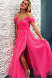 A Line Off the Shoulder Hot Pink Tulle Prom Dresses with Split, Long Formal Dresses STI15493