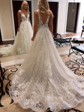 Luxurious Ball Gown V Neck Open Back Ivory Lace Wedding Dresses,Sequins Beach Bridal Dresses STI15259