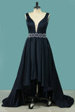 2024 V Neck A Line Satin Prom Dresses With Beaded PEJTDMBY