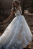 A Line Ivory V Neck Country Wedding Dresses with Appliques, Beach Wedding Gowns STI15548