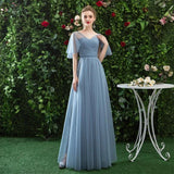 A Line V Neck Tulle Blue Cheap Prom Dress, Long Floor Length Bridesmaid Dresses STI15044