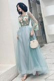 Elegant Long Sleeves Appliqued Tulle Prom Dresses, Floor Length Appliques Evening Dresses STI15175