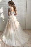 Ivory Elegant Sheer Neck Cap Sleeves Tulle Beach Wedding Dress With STIPGYBB4G9