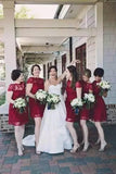 A Line Burgundy Lace Cap Sleeve Bridesmaid Dresses, Knee Length Short Wedding Party Dresses STI14995