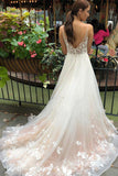 Tulle V Neck Embroidery Long Spaghetti Straps Wedding Dresses, Bridal Dresses STI15444