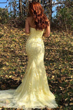 Yellow Mermaid Strapless Lace Appliques Prom Dresses with Slit, Evening STI20475