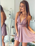 A Line Deep V Neck Above Knee Blush Pink Criss Cross Chiffon Homecoming Dresses