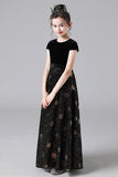 A Line Black Cap Sleeve Floor Length Flower Girl Dresses