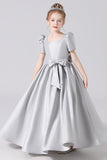 A Line Silver Short Sleeve Floor Length Elegant Flower Girl Dresses With Bownot