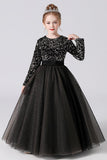 Black Tulle Long Sleeve Floor Length Flower Girl Dresses With Sequins