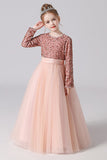 Black Tulle Long Sleeve Floor Length Flower Girl Dresses With Sequins