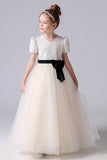 A- Line Short Sleeve Tulle Beading Flower Girl Dresses With Bow