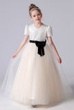 A- Line Short Sleeve Tulle Beading Flower Girl Dresses With Bow