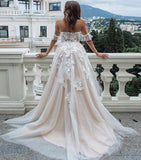 Princess A Line Off the Shoulder Sweetheart Beach Wedding Dresses with Appliques STI15585