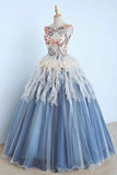 Princess Ball Gown Appliques Blue Tulle Prom Dresses, Sweet 16 Dress, Quinceanera Dress STI15289