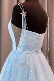 Charming A Line Spaghetti Straps Blue Tulle Prom Dresses with Stars, Dance Dresses STI15503