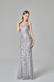 Sexy V Neck Silver Mermaid Prom Dresses, Embroidered Sequins Long Evening Dresses STI15368