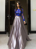 Elegant Blue Two Piece A-line Scoop Long Sleeve Elastic Satin Floor-Length Prom Dresses