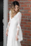 V Neck Beach Wedding Dress With Long Sleeves Unique Lace PLXCEDCY