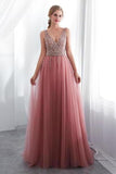 Beading V Neck High Split Tulle Sweep Train Sleeveless Evening Gown P1GPP6HS