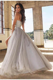 A-Line Bead Silver Spaghetti Straps Sweetheart Slit Tulle Backless Sleeveless Evening Dresses