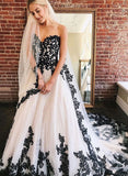 A Line Sweetheart Strapless White Tulle Black Lace Appliques Formal Prom Dresses STI15558