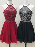 Cute A Line Halter Beaded Short Burgundy Homecoming Dresses Backless Black Hoco Dress