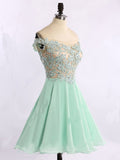 Short Chiffon Tulle Appliques Lace Beads Cute Off the Shoulder Green Homecoming Dresses