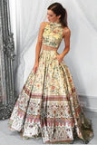 Unique A line Two Piece High Neck Tribal Satin Prom Dresses with Pockets Party Dresses