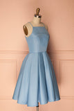 A Line Blue Halter Sleeveless Short Satin Knee Length Homecoming Dress