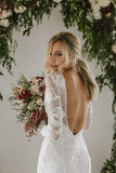 Sheath A Line Long Sleeves Ivory Rustic Lace Backless Scoop Neck Beach Wedding Dresses