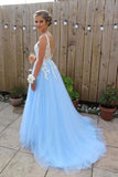 Elegant Blue Chiffon A line V Neck V Back Tulle Lace Long Prom Dresses Evening Dress