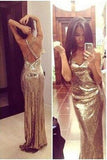 Sparkly Gold Sequins V-Neck Criss Cross Sleeveless Sheath Backless Prom Dresses