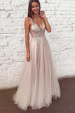 Elegant V Neck Sleeveless Floor Length Tulle Party Dresses Prom Dresses with Appliques