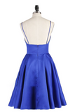 A Line Spaghetti Straps Royal Blue V Neck Backless Satin Knee Length Homecoming Dresses