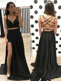 Sexy A Line V Neck Two Piece Sweetheart Cross Back Split Black Long Prom Dresses