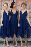 Navy Blue Deep V-neck Spaghetti Straps Sleeveless Asymmetry Lace A-line Bridesmaid Dress