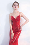 V-Neck Red Mermaid Spaghetti Straps Sparkly Backless Sleeveless Sequins Evening Dresses