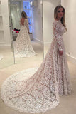 A-Line Backless Bowknot Scalloped Ivory Long Sleeve Backless Lace Wedding Dresses