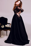 New Style Black 3/4 Sleeves Lace Satin V-Neck A-Line Floor-Length Evening Dresses