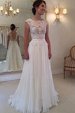 A-line Round Neckline Chiffon Lace Long Open Back Sleeves Wedding Dresses