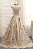 Special A-line V-neck Cap Sleeves Satin Appliques Lace Long Formal Evening Dresses