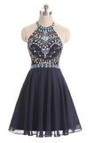 Dark Blue Beads Short Cute Halter Sweet 16 Cocktail Dress