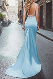 Elegant Amazing Beading Satin Scoop Mermaid Blue Backless Sleeveless Long Prom Dresses