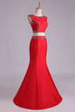 2024 Prom Dresses Two Pieces Bateau Mermaid/Trumpet Beaded Floor-Length Tulle PX2AJZYQ